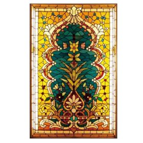 Green Yellow Mangnolia Stained Glass Window Film Church Frosted Window Film Translucent No Glue Static Decal,15x47 inch