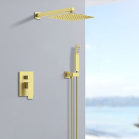 Shower System Shower Faucet Combo Set Wall Mounted with 12" Rainfall Shower Head and handheld shower faucet, Brushed Gold Finish with Brass Valve Roug