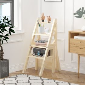 Solid Wood Step Folding Ladder Chair,Multifunction Wood Folding Stool for Home Kitchen Library Ladder Chair,Wood Finish